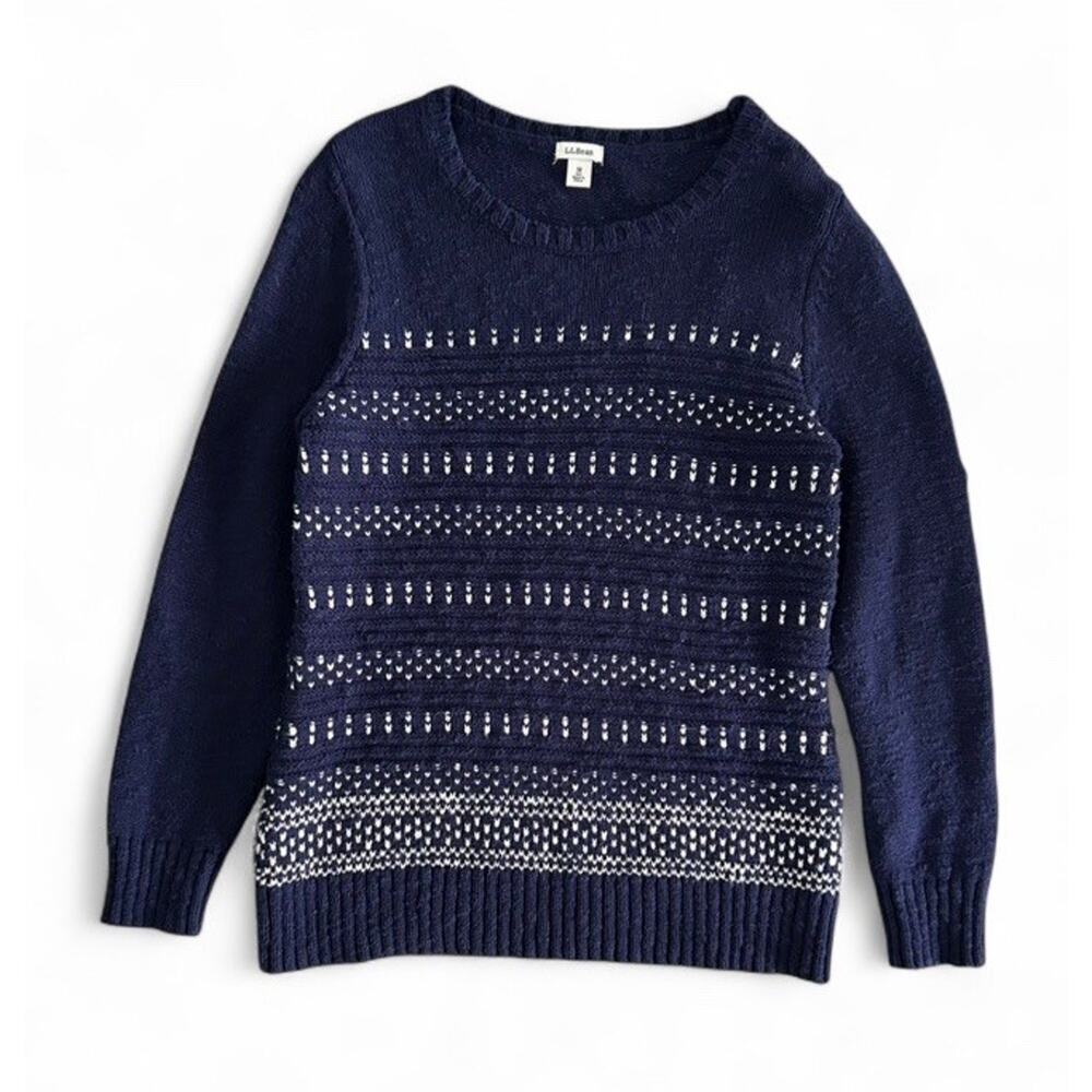 LL Bean Navy Blue White Patterned Knit Sweater Women’s Size M 100% Cotton